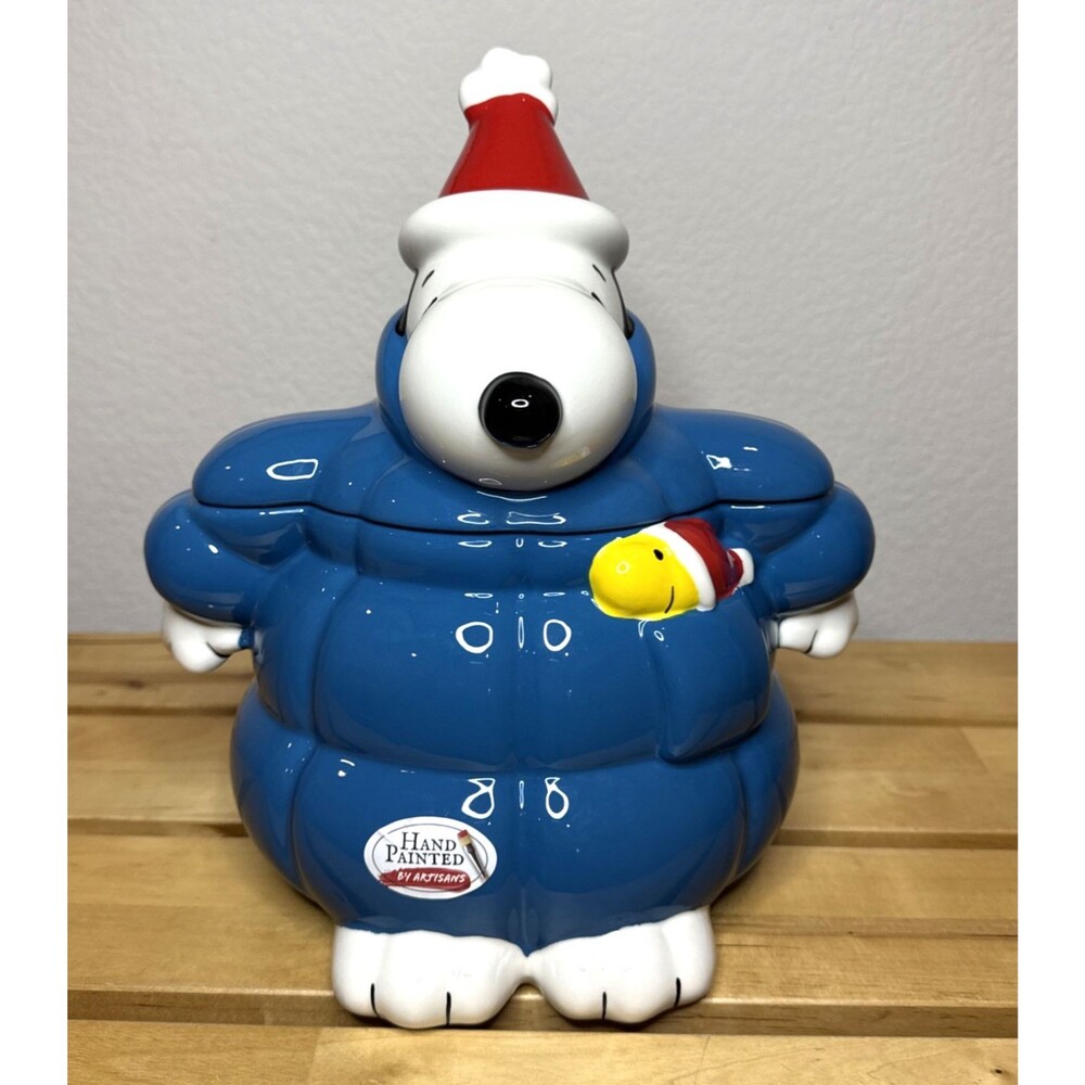 Snoopy and Woodstock Hand-painted Puffer Coat Winter Cookie Jar RARE HTF